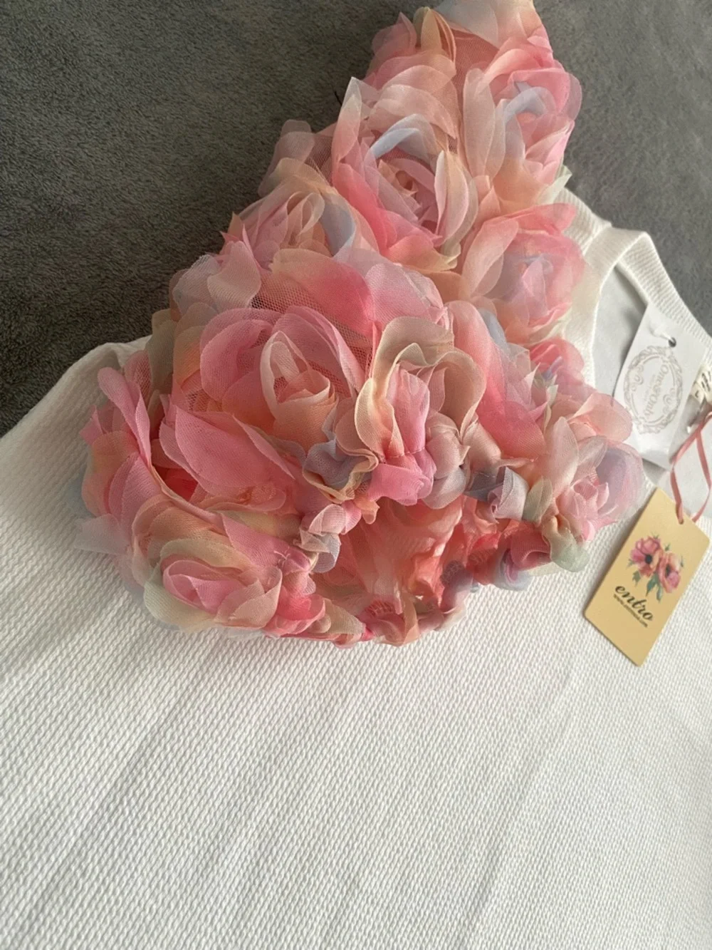 Entro White Textured Top Pink Floral Puff Sleeves Size L NWT - Picture 12 of 14